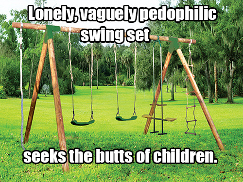  One swing set, well worn but structurally sound, seeks new home.       