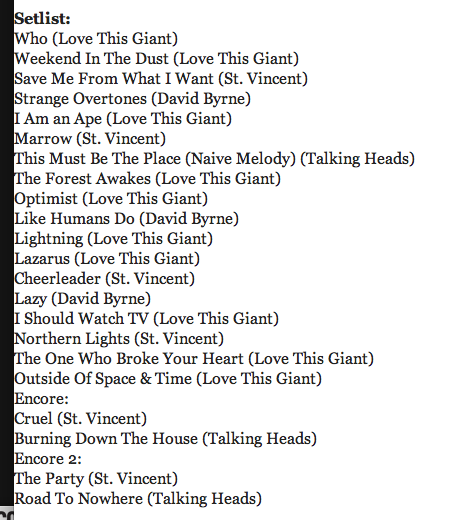 setlist, Love This Giant tour. if they really do 22 songs next week it&rsquo;ll be f***ing fanta
