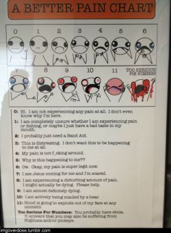 agentbartoned:  deeeeeeeeaaaaaaaaadpool:  imgoverdose:  Found this in my doctor’s office. seemed accurate.more awesome here  omg but that’s from hyperbole and a half  I’m going to print this off and use it during my patient obs for pain assessment.