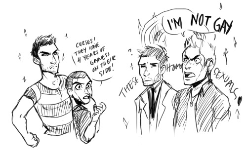 erlie:Livestreaming is beautiful. I was asked to draw a picture where Sterek and Destiel try to over