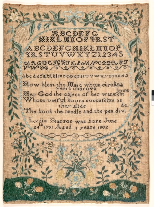 Embroidered sampler by Lydia Pearson, age 11, Newburyport, MA, 1802.
Metropolitan Museum of Art