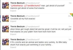 heyymel55:   Travis Beckum tweets about fruit snacks 9.18.12  I don’t even…what  If it&rsquo;s any consolation, at least he likes shark fruit snacks, which are definitely a superior kind.