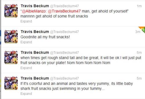 heyymel55:   Travis Beckum tweets about fruit snacks 9.18.12  I don’t even…what  If it’s any consolation, at least he likes shark fruit snacks, which are definitely a superior kind.