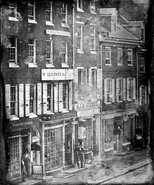 1843. Street Scene, Philadelphia. An 1843 daguerreotype image of No. 46 to No. 52, Chestnut Street, Philadelphia, Pennsylvania. The photographer is William G. Mason.