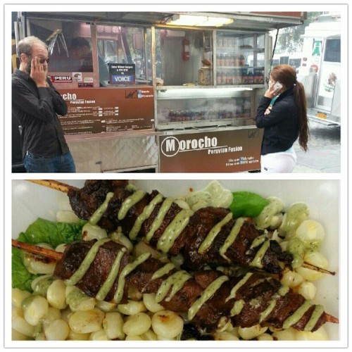 Morocho Peruvian cart in Union Square…grilled beef hearts with Peruvian corn! (Taken with Instagram)