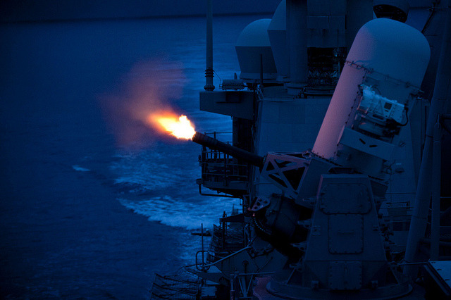 militaryandweapons:  USS Cowpens fires its CIWS. by Official U.S. Navy Imagery on