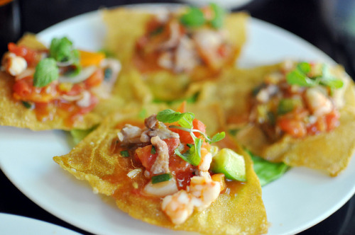 fried wontons topped with shrimp