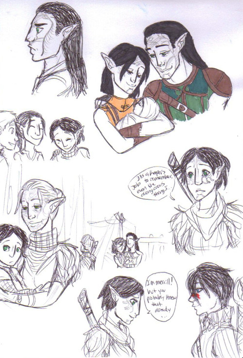 i finally got to scan this yey ;u; these are just more doodles I added onto the page with merrill’s parents those little people near the top left are tamlen, f!mahariel, and merrill as kiddies heheh