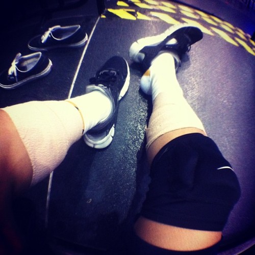 lol my set up for today. Nike huaraches, ankle brace, calf wraps and knee pads. Haha movement is a l