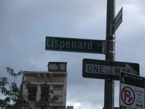 Lispenard Street in Tribeca on a cloudy day. The street in named for Leonard Lispenard who owned a 7