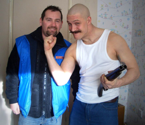 tomhardyvariations: Tom fooling around in classic Hardy style on the set of Bronson (bottom —