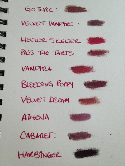 Yes, I went and swatched all the burgundy/wine/red eyeshadows I had easily to hand. Hmmm, I need to try Bleeding Poppy with Vampira and a good shimmery ivory base shadow.