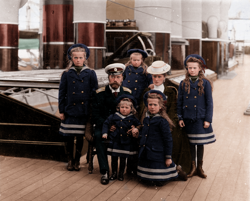  Coloured black and white photo of the Russian royal family on their yacht, the Polar