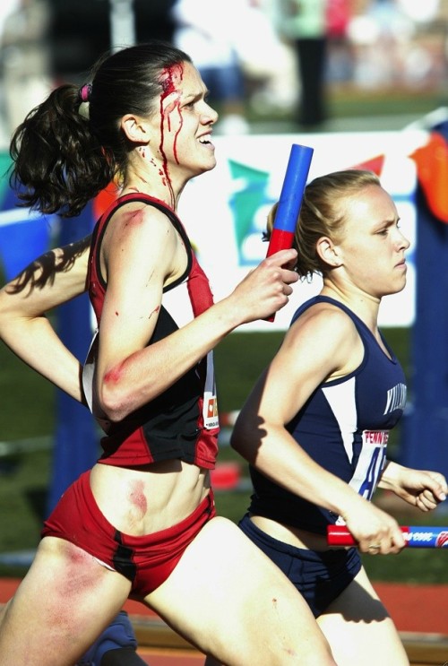 dear-health-diary:  crazysexyfierce:  flatabsandthighgaps:  bendoeslife:  Stanford runner Alicia Follmer trampled during a race gets back up and finishes in third place.  Amazing picture. Article here.  (Pasting the article because it was interesting)