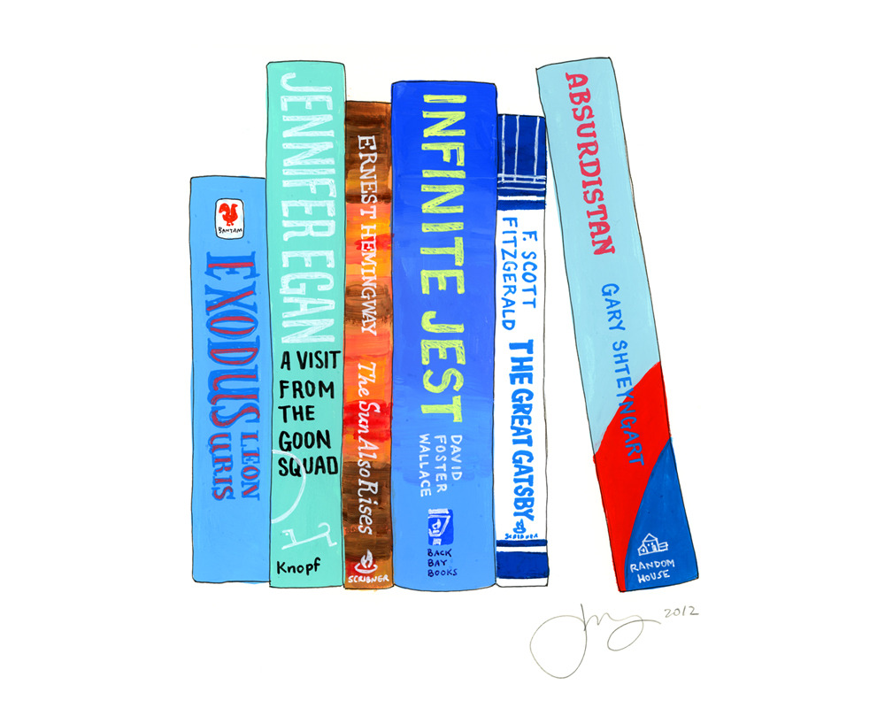 Ideal Bookshelf 447: RLL
© Jane Mount
2012 / 8.5”x11” / gouache & ink on paper
RLL is in school, and this is his ideal shelf. I love the mix of the super classics and contemporary classics. I also love that RLL has such a distinct color scheme, full...