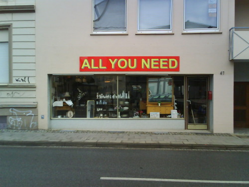 Shop fronts in Bielefeld, Germany. I went into the second one, but they didn&rsquo;t sell love.