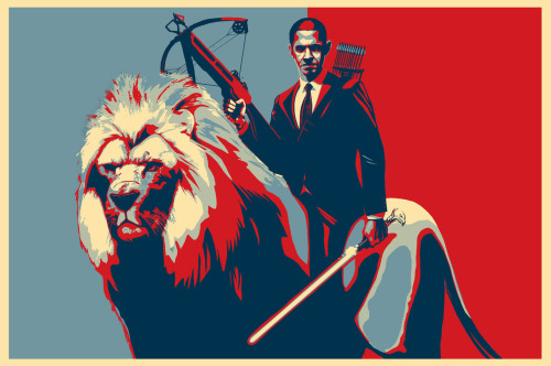 laughingsquid:  Obama Riding a Mighty Lion Wielding a Crossbow &amp; Light Saber by Jason Heuser
