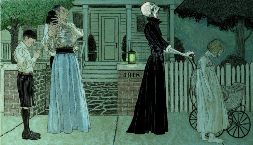 darthbabe:      [Painting of Death as a spectral nanny taking a child and infant away from their bereaved family.  A detail shows the family’s house number is 1918.] I never realized this until seeing the detail, but this painting is most likely about