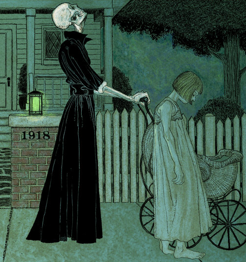 bunnyharlow:  lillypeppermint:  nightwatch-official:  geekygothgirl:  gorgonetta:  [Painting of Death as a spectral nanny taking a child and infant away from their bereaved family.  A detail shows the family’s house number is 1918.] I never realized