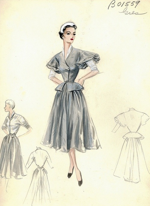 The Nifty Fifties — Fashion sketch by Madame Gres, 1950s.