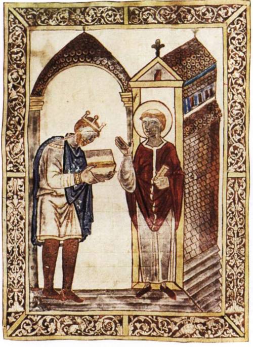 saeculum-obscurum:King Æþelstan (893 - 939) presents a copy of the work of St. Bede to S