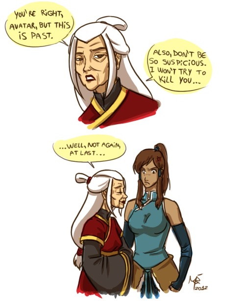 This is a headcanon I have. if Azula appeared in TLOK she would cause a big impact. Since Korra now is able to enter in the Avatar state and have access to the memories of her past lives, she really would be fearful and distrustful to see someone who