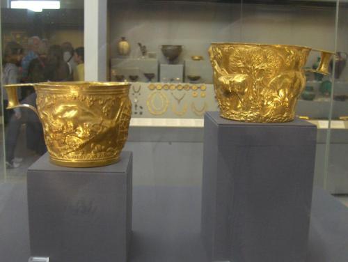 Two golden cups of Vapheio Tholos tomb, Lakonia (15th century BC). They are Minoan style and the dec