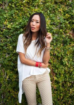 what-do-i-wear:  Sauce Asymmetrical Shirt, Current Elliot Polka Dot Jeans, Givenchy Obsedia Bracelet, Ettika Safety Pin Bracelet and Spike Bracelet (image: songofstyle)