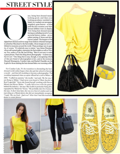 Yellow down to the street by putriadiela featuring canvas bagsRuffle shirt / Denim skinny jeans, $13