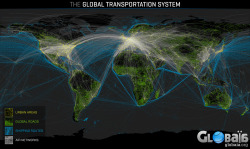 thisisnotsustainable:Global Transportation System | Cities are yellow, roads are green, ships are blue, airlines are white. Courtesy Globaia.