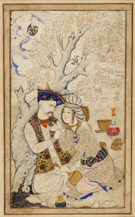 Shah Abbas Ist and his page
Muhammad Qasim
1627
Isfahan
Musée du Louvre, Paris
A short poem reads “May life bring you all you desire of three lips: the lip of your lover, the lip of the stream, and the lip of the cup.”
