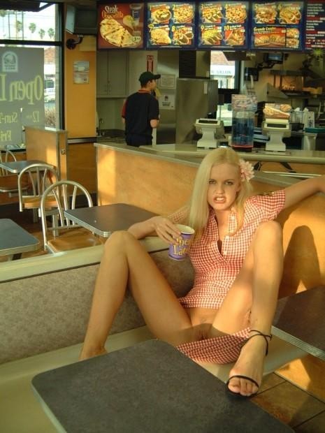 fastfoodflashers:  Sexy blonde slut flashing her shaved pussy in Taco Bell, Part