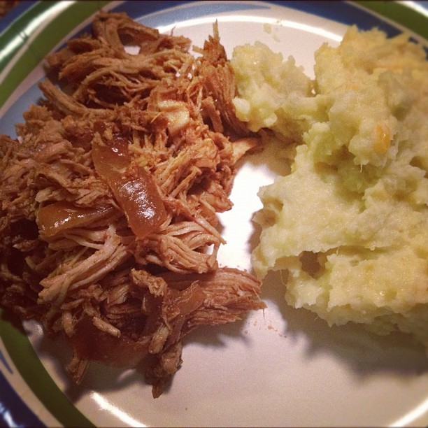 Sharing my slow cooked chicken deliciousness and mashed sweet potato with @boscowifey and her hubs. #nom #paleo #crockpot #mmmm (Taken with Instagram)