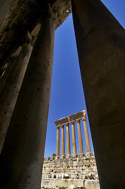 archaicwonder:The Temple of Jupiter from the Temple of Bacchus at Baalbeck Baalbeck, Lebanon is famo