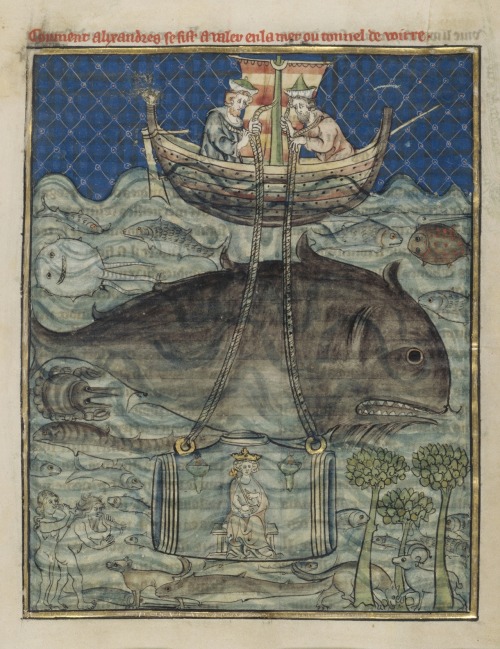 posthorn:Alexander the Great travels beneath the sea in a 13th Century glass submarine, an illustration from the Roman d’Alexandre