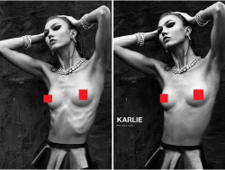 ebullient-efflorescence:  thedailywhat:  Reverse Airbrushing of the Day: This is 20-year-old supermodel Karlie Kloss. Those were her ribs, before the October issue of international fashion magazine Numéro Photoshopped them out. Airbrushing to subtract wei