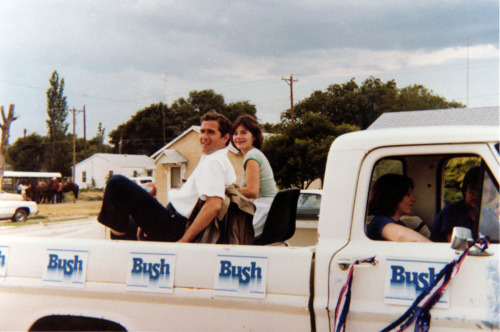 George W. and Laura Bush campaigning from the back of a pickup truck for the 1978 Congressional race in West Texas.