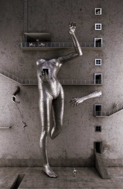 vanished: Martinakis Adam  Martinakis Adam creates masterful three-dimensional environments where buildings are made in the form of giant human beings. His powerful, surrealistic works resemble large scale metal sculptures. Since 2006, the Polish artist