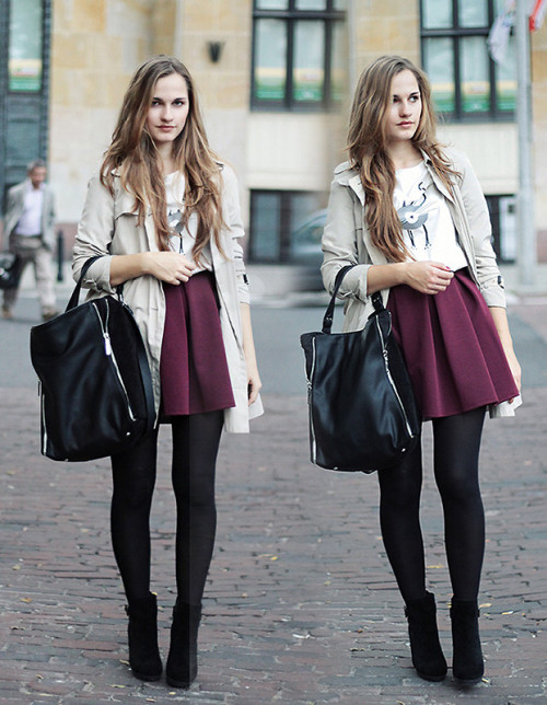 lookbookdotnu:  Cat t-shirt and burgund skirt (by Karolina Sabała)