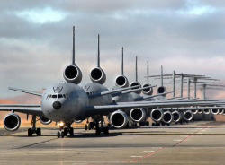 youlikeairplanestoo:  I would have loved to watch all of these heavies take off! Talk about loud.  Travis Air Force Base Airmen conduct a mass launch of 12 mobility aircraft June 29, 2012, practicing the combat capability of safely and swiftly launching