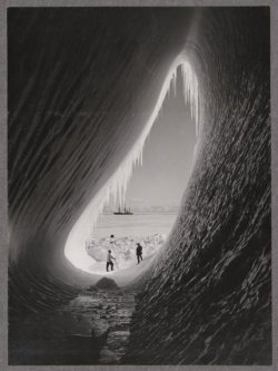 adelphe:  Grotto in an ice berg, photographed 5th January 1911 by Herbert George Ponting during the British Antarctic (“Terra Nova”) Expedition (1910-1913). Shows scientists T Griffith Taylor and Charles S Wright at the entrance, and the Terra Nova