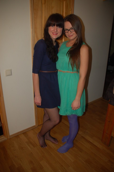 tricias-captions:  That’s me on the right in the green dress. And my boyfriend Jake in the blue one. We just got to the party at the Frat House and I’ve just explained how many cocks he’ll be sucking tonight. Looks like a deer in headlights, doesn’t