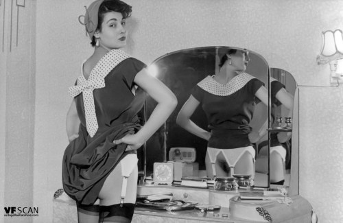 500px x 325px - Darling, does my ass look big in this dress?' Vintage female in nylon  stockings and suspenders poses in her boudoir. See more rare retro porn in  our collection at Vintage Flash Archive.