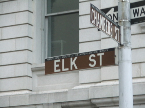 The tiny Elk Street in Lower Manhattan behind City Hall was so named because the Elks organization w