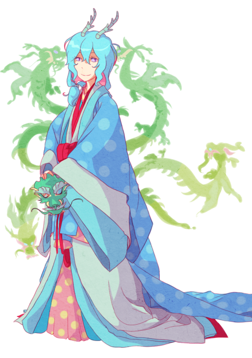aryll:  okay so i drew a sketch for Kamitama!Urara last week but I didn’t get to colour it until now so tada!!!! yep like i said in other post i changed the “dragon with five heads” to “dragon mask and four dragon attendants” because he becomes
