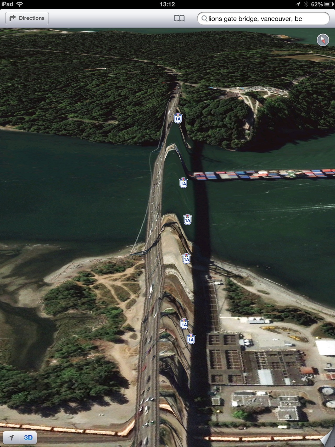 The Lion’s Gate Bridge in Vancouver looks a bit sideways. In addition, it is no longer Hwy 1a, having been integrated with Hwy 99 in 1957.