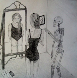 xperfectionx49:  This picture describes exactly what it’s like to have an eating disorder. The skeleton being the voice inside your head. The picture on the wall of thin-spiration. However, the most important thing this picture shows is the difference