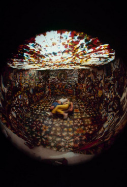 seachellle:  In New York museum, spectators sprawl on rotating couch and stare at gods, demons and humans painted on walls of a ‘cave.’ Cloth ceiling and paper floor are hand-dyed, in LIFE Magazine, 1966. 