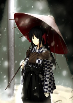 shy-azusa:  bad id black hair cartagra erise hair ribbon innocent grey japanese clothes kimono kouzuki kazuna long hair oriental umbrella ribbon snow solo umbrella yagasuri 