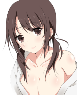 shy-azusa:  1girl blush breasts brown eyes brown hair cleavage collarbone large breasts long hair looking at viewer messy hair off shoulder okita sawa open clothes open shirt smile solo tari tari transparent background twintails yuki (sangeki5806) 